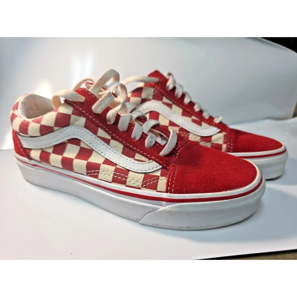 Vans Womens Old Skool Primary Checkerboard Racing Red White Suede Shoes Size 5.5
